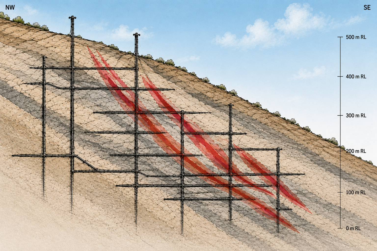 Historic mine plan highlighting bonanza-grade shoots